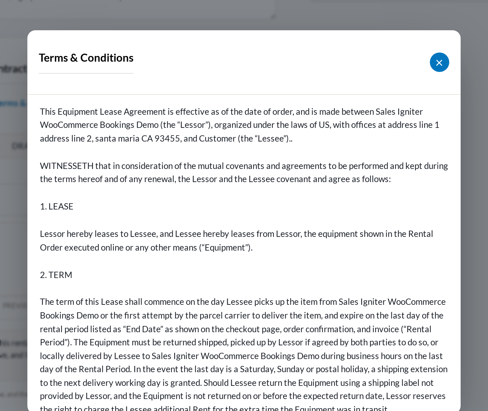 Terms & Conditions popup opened from the rental contract signing block at checkout