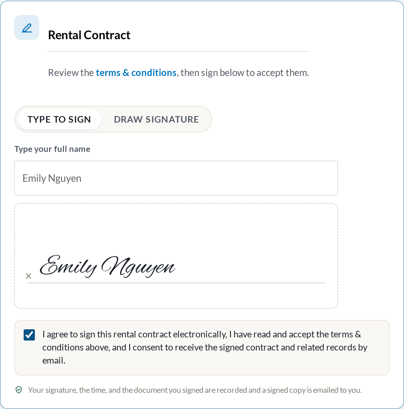 Rental Contract signing block at WooCommerce checkout, with Type to sign selected, the customer's name typed in and the consent box ticked