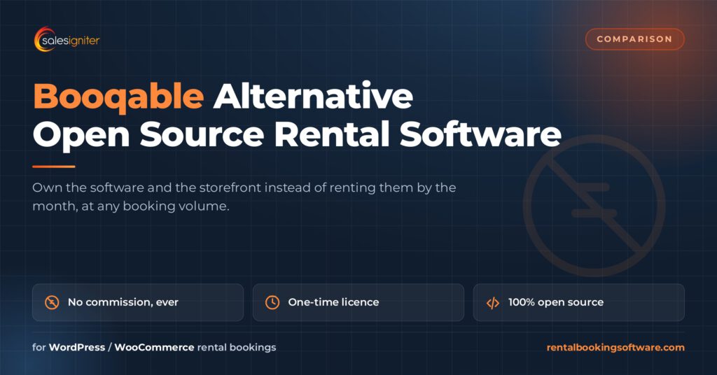 Booqable alternative — Sales Igniter open source rental booking software for WooCommerce, a one-time licence with no commission on bookings