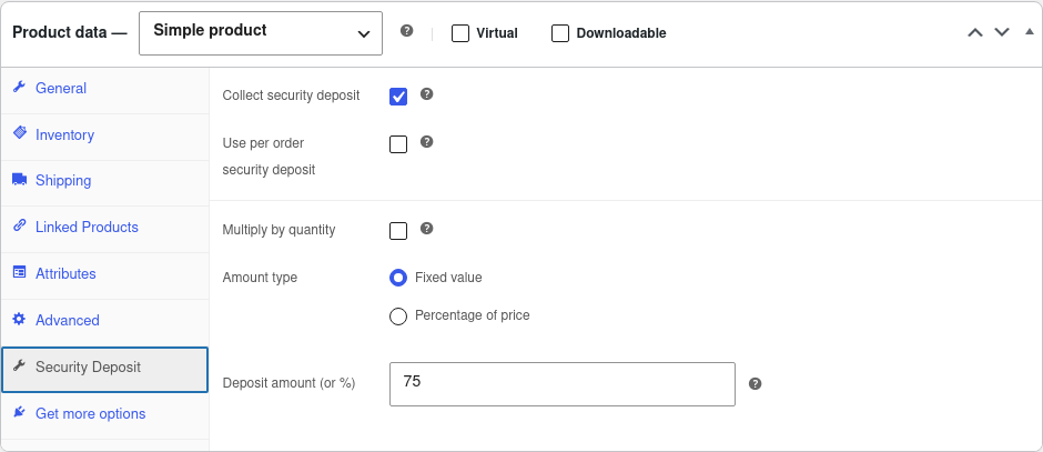 WooCommerce product data Security Deposit tab with a fixed 75 dollar deposit amount