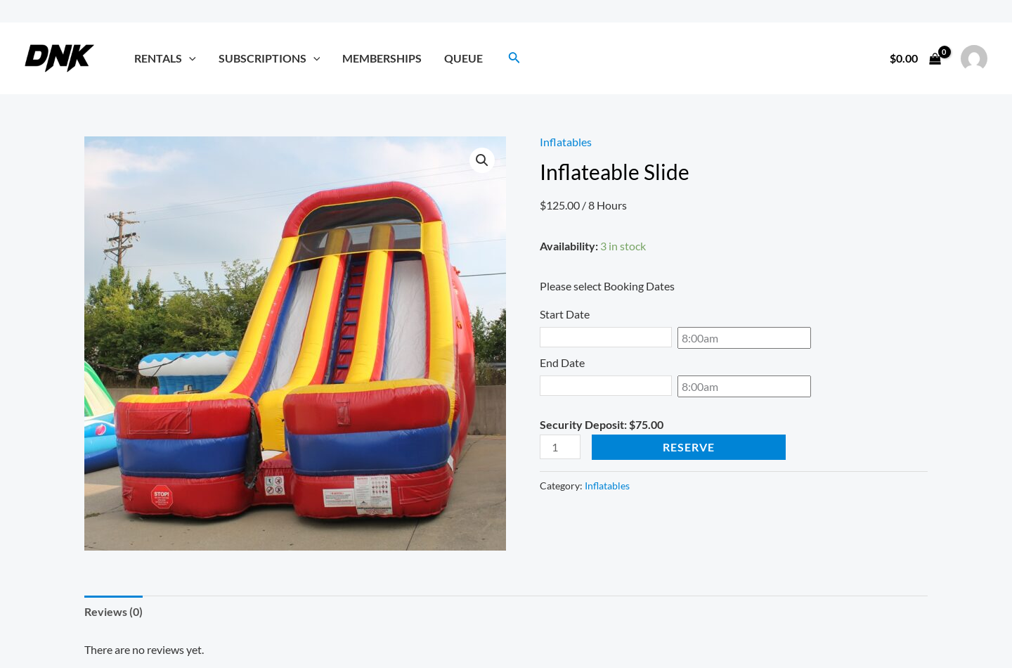 Inflatable slide rental product page showing the booking dates and a 5 refundable security deposit