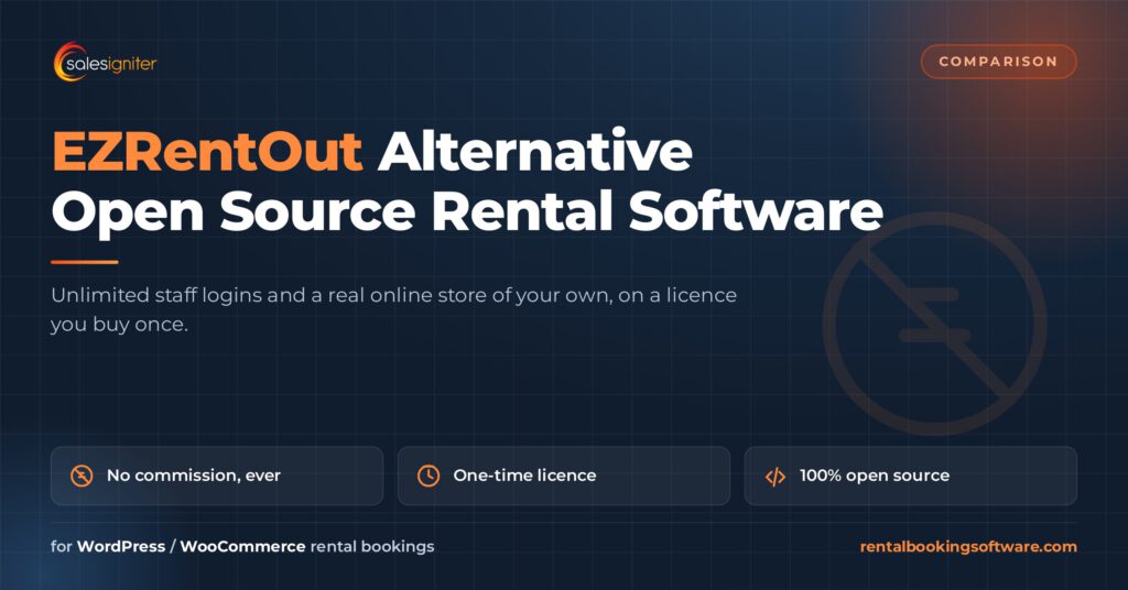 EZRentOut alternative — Sales Igniter open source rental booking software for WooCommerce, a one-time licence with no commission on bookings