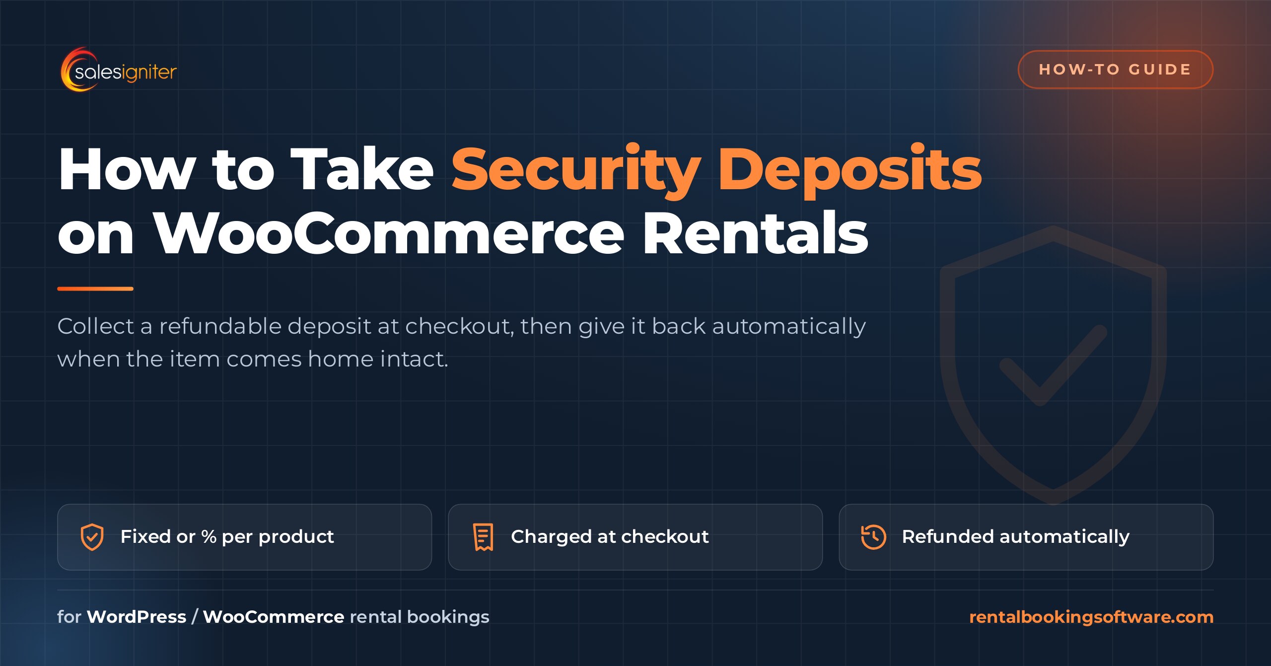 How to take security deposits on WooCommerce rentals — Sales Igniter guide covering fixed or percentage deposits, charging at checkout and automatic refunds
