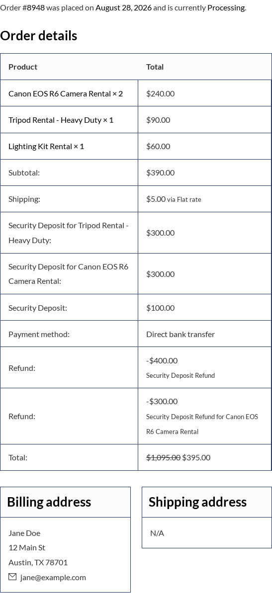 A customer's order in My Account after both deposits were refunded