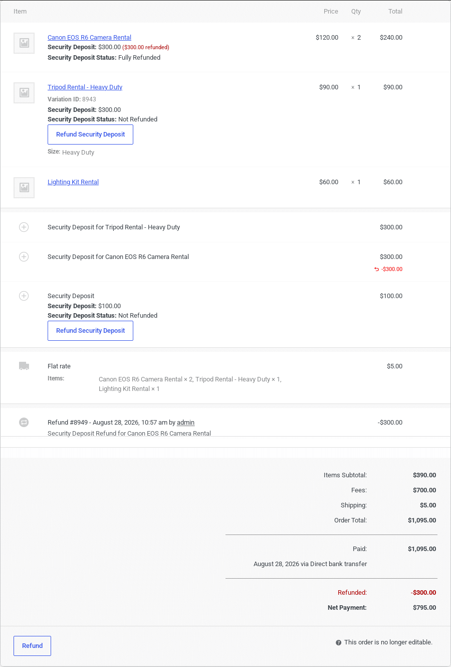 The order after one deposit was refunded