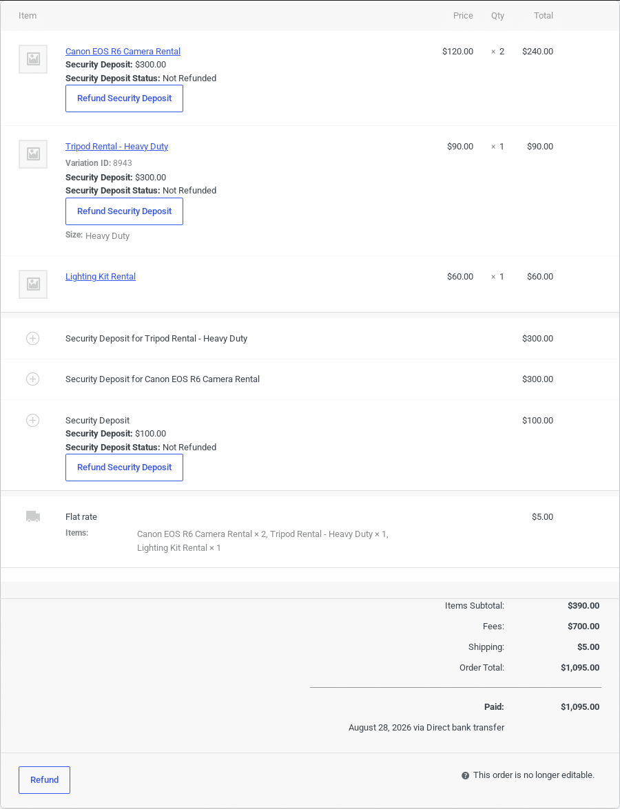Order items with their security deposit status and refund buttons
