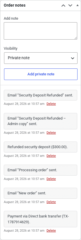 Order notes recording a deposit refund and the emails sent