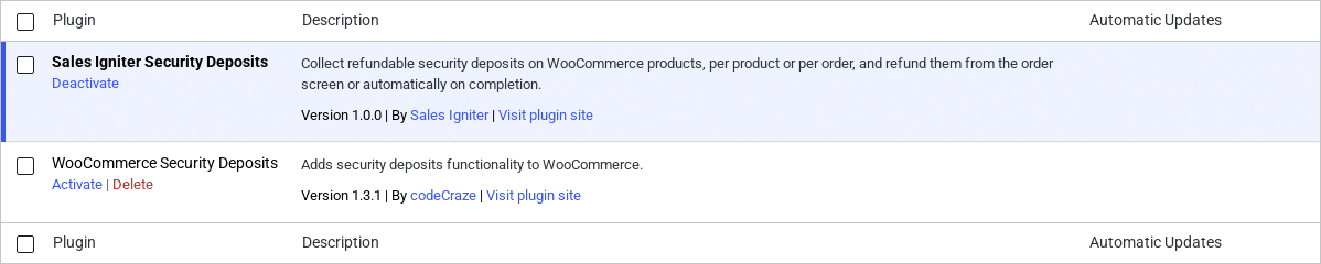 Sales Igniter Security Deposits in the plugins list