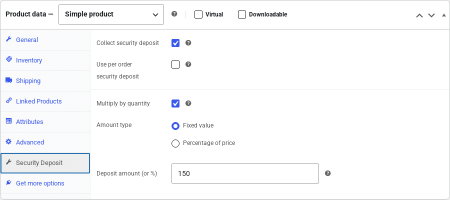 The Security Deposit tab in the Product data box