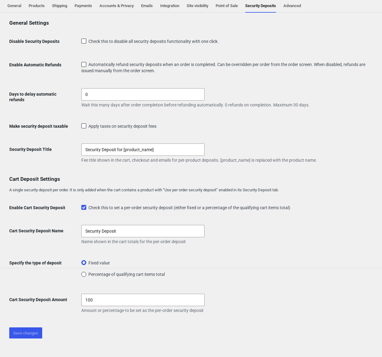 The Security Deposits settings tab
