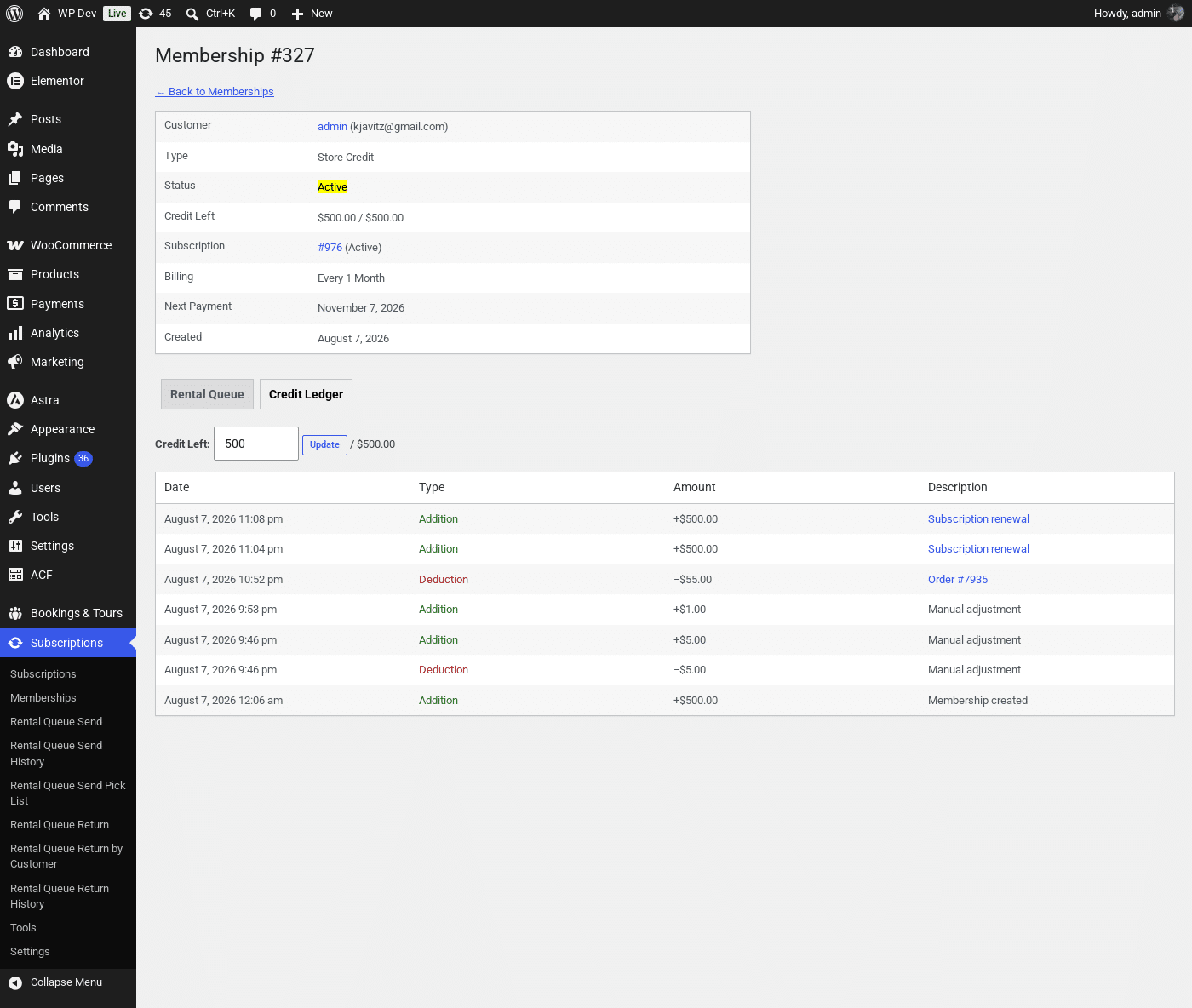 A store credit membership's details page with the Credit Ledger tab