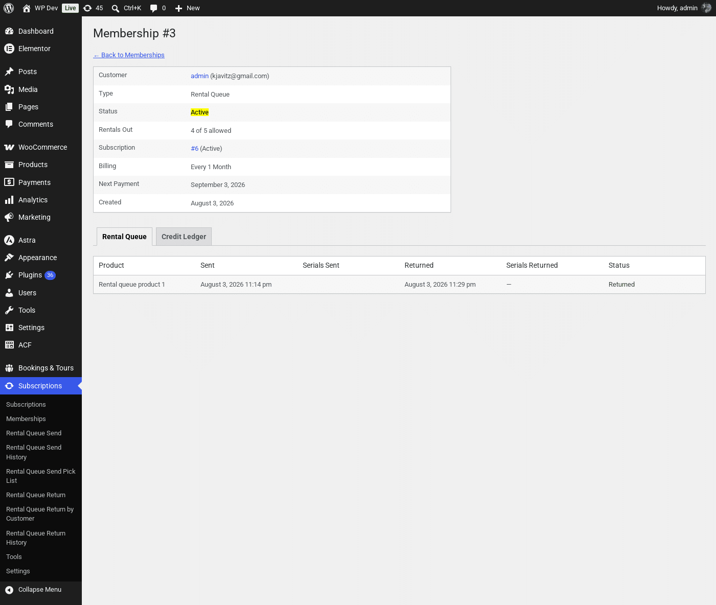 A rental queue membership's details page with the Rental Queue tab