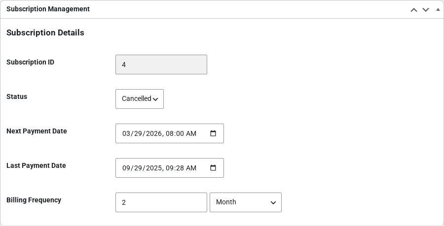 The Subscription Management box on the order edit screen