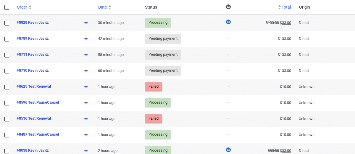 The subscription icon column in the WooCommerce orders list