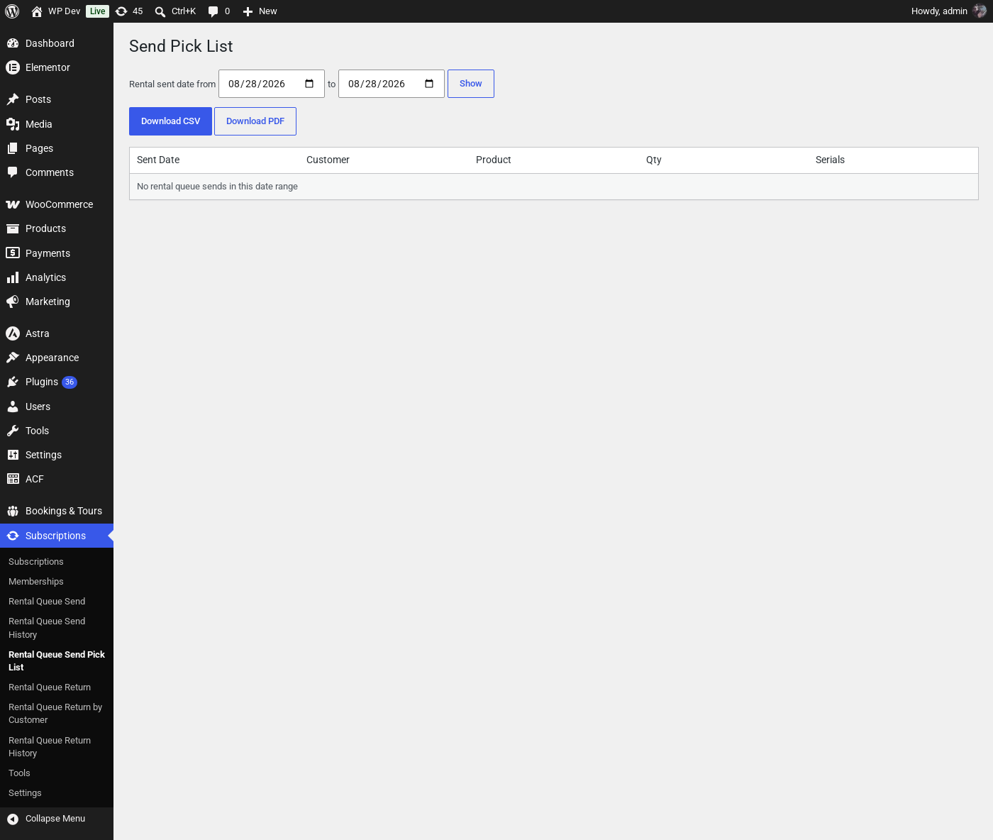 The Send Pick List page
