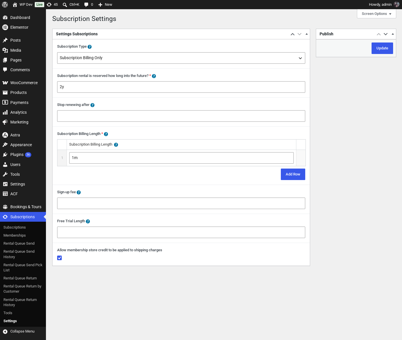 The Subscriptions > Settings page