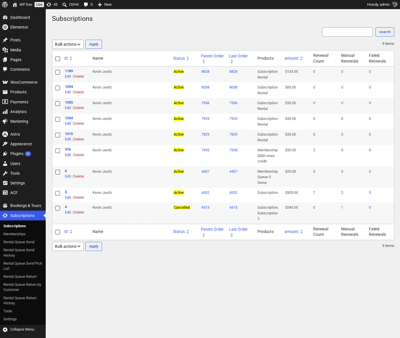 The Subscriptions list