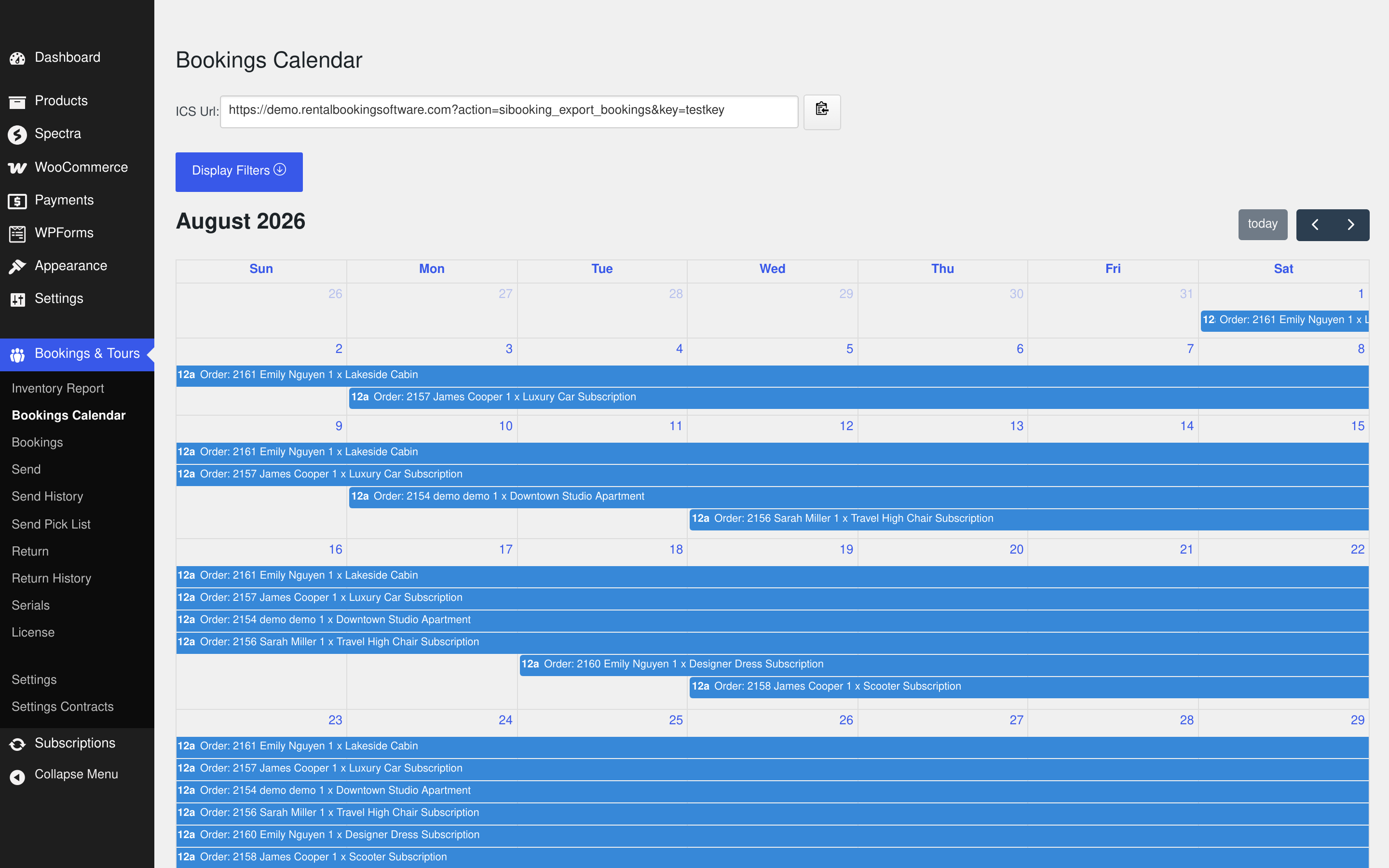 Admin bookings calendar showing every rental order laid out across the month