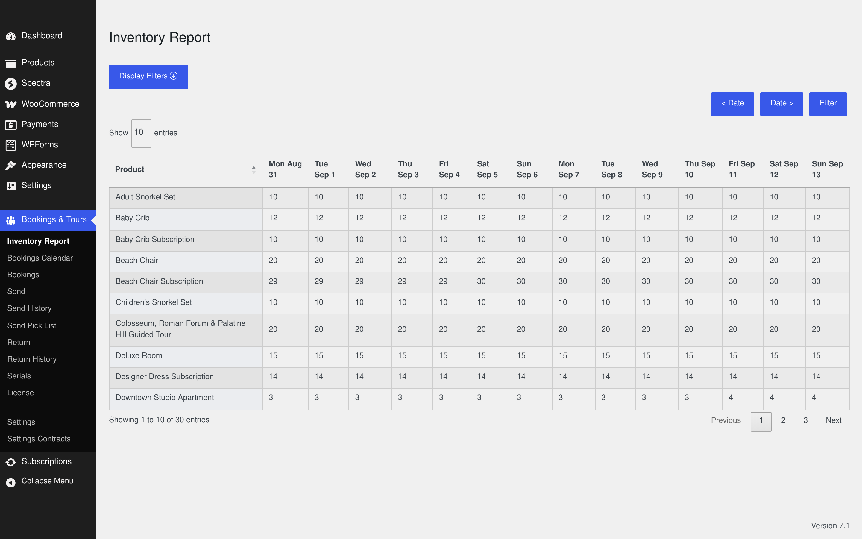WooCommerce rental inventory report showing available stock for each product across a two week date range