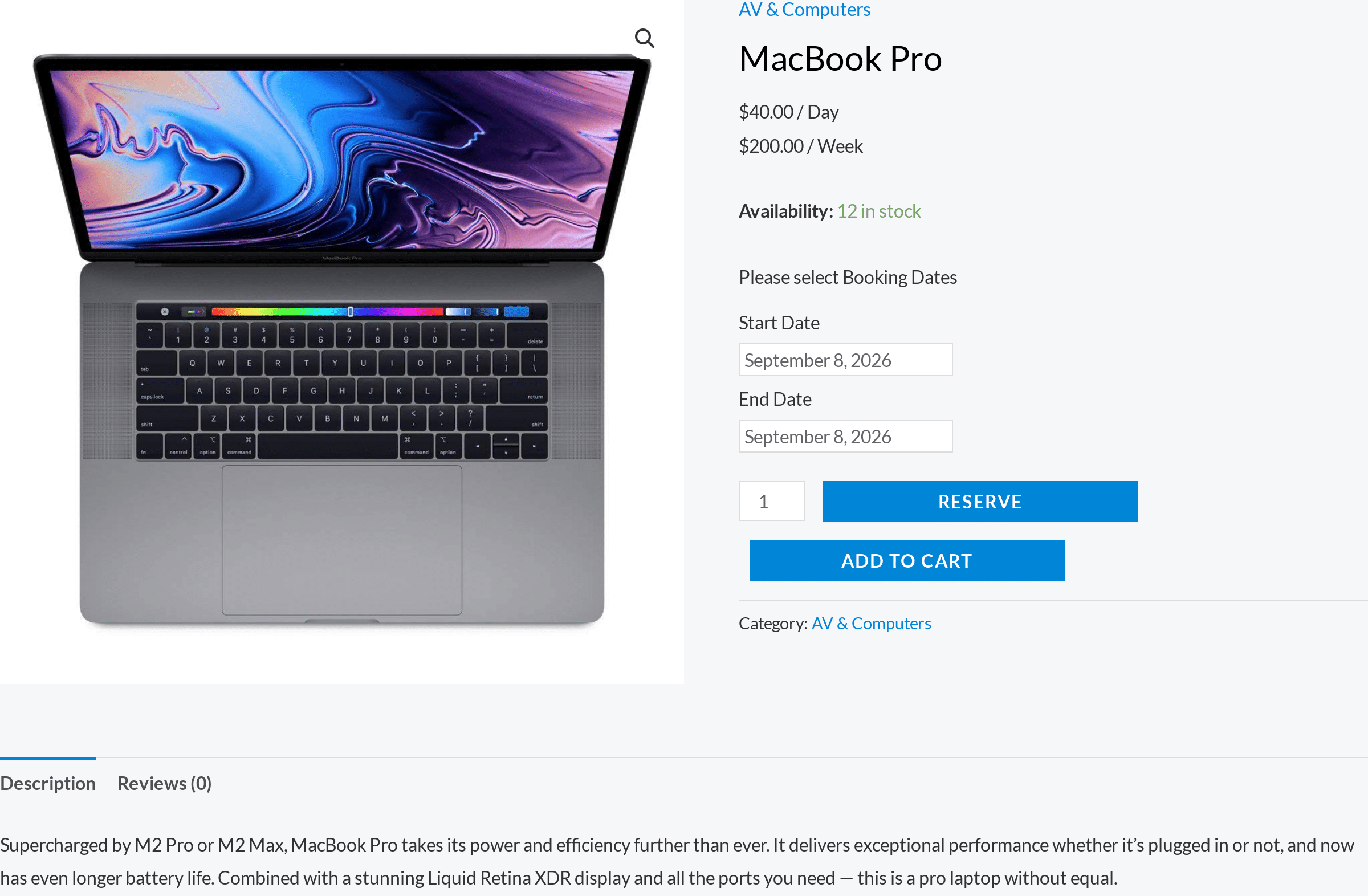 WooCommerce rental product page showing day and week pricing, live availability and start and end date pickers