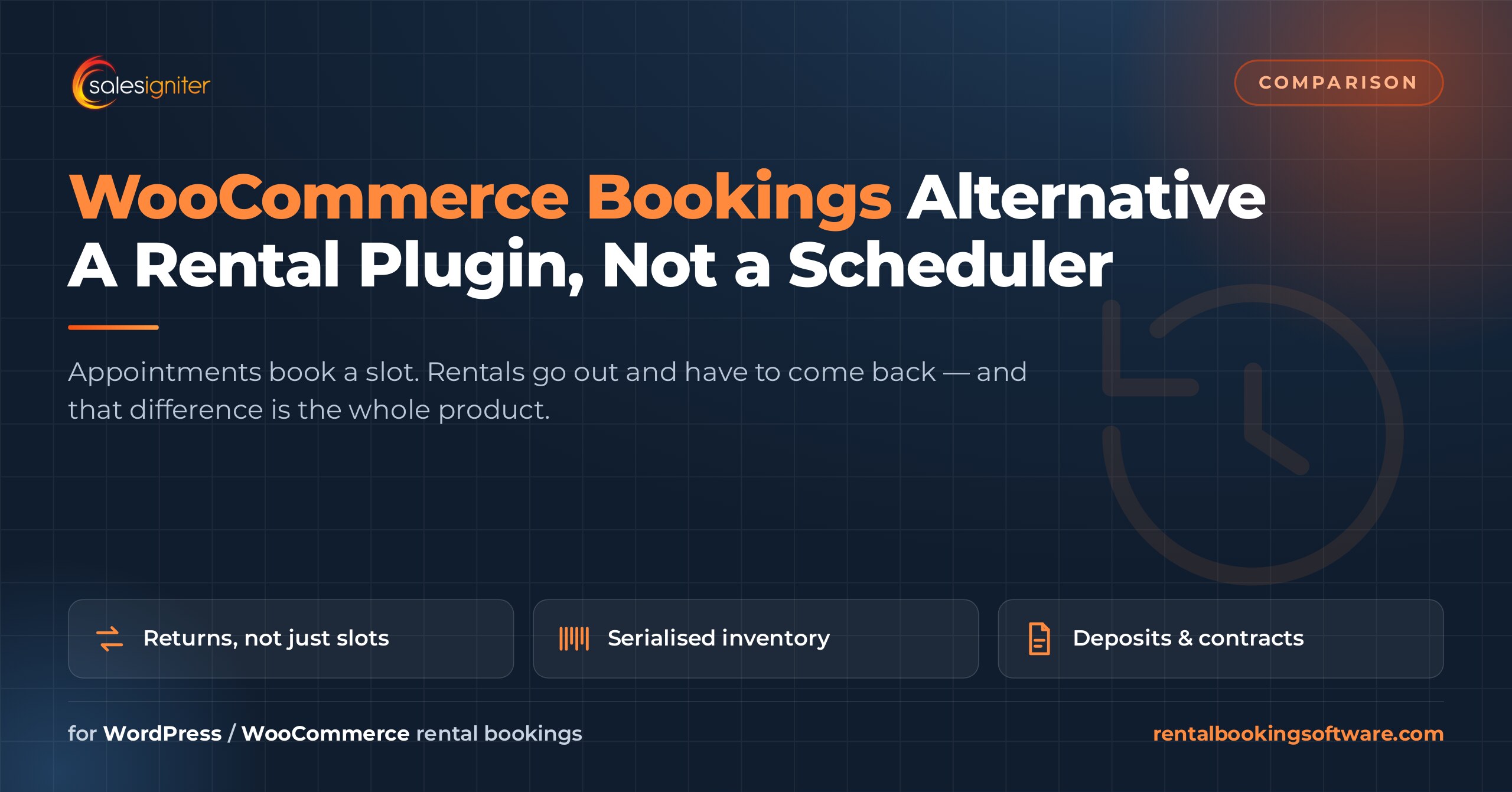 WooCommerce Bookings alternative — Sales Igniter is a rental plugin with returns, serialised inventory, deposits and contracts rather than an appointment scheduler