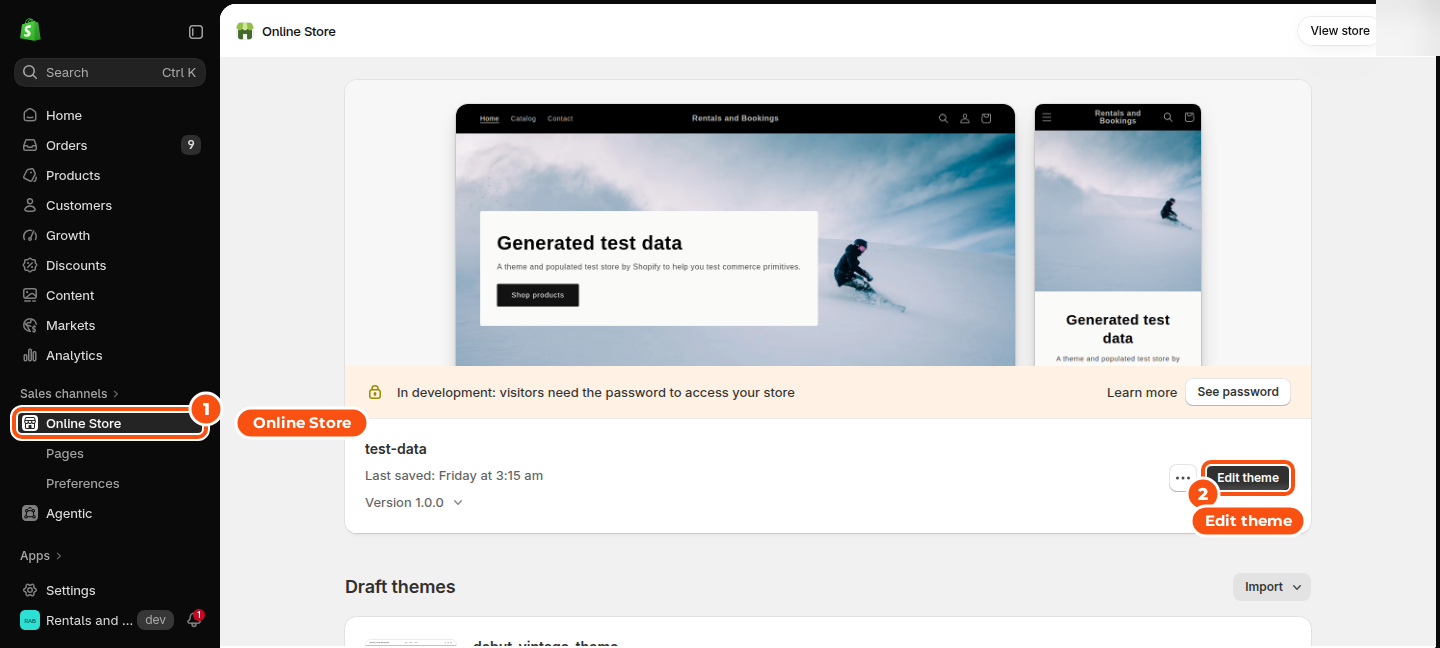 The Themes page in the Shopify admin with Online Store marked 1 in the left menu and the Edit theme button of the current theme marked 2