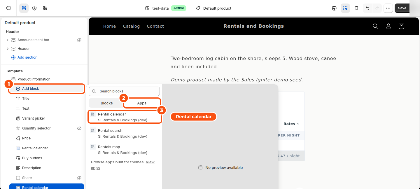 The Shopify theme editor on the Default product template with Add block under Product information marked 1, the Apps tab marked 2 and the Rental calendar block marked 3