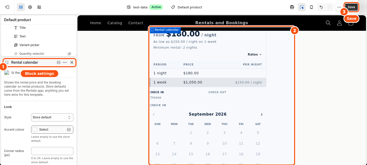 The Rental calendar block selected in the Shopify theme editor, with its settings on the left marked 1, the calendar in the preview marked 2 and the Save button marked 3