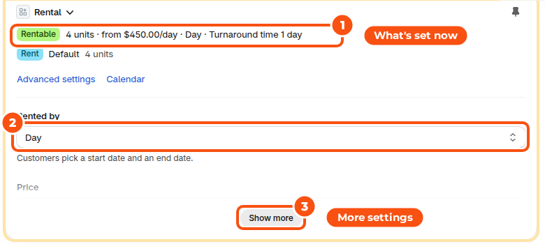 The Rental card on a product page in the Shopify admin: the summary line marked 1 with Rentable, 4 units, from 0.00 a day and a 1-day turnaround, the Rented by setting marked 2 and Show more marked 3