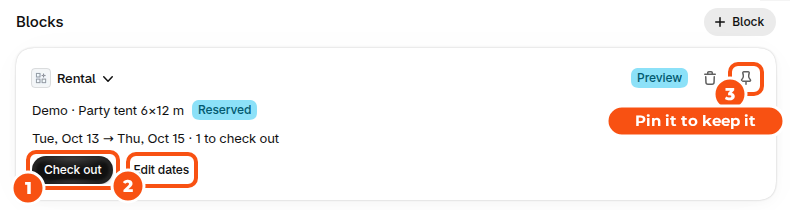 The Rental card on a Shopify order for a party tent from Oct 13 to Oct 15, with Check out marked 1, Edit dates marked 2 and the pin icon marked 3