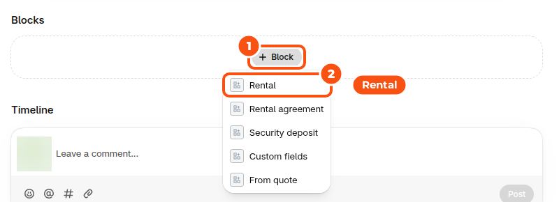 The Blocks section of a Shopify admin page with the + Block button marked 1 and the Rental card marked 2 in its list, next to Rental agreement, Security deposit, Custom fields and From quote
