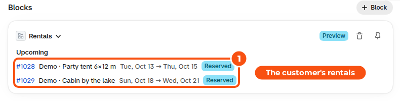The Rentals card on a Shopify customer page listing two upcoming rentals, a party tent from Oct 13 to Oct 15 and a lakeside cabin from Oct 18 to Oct 21, both Reserved