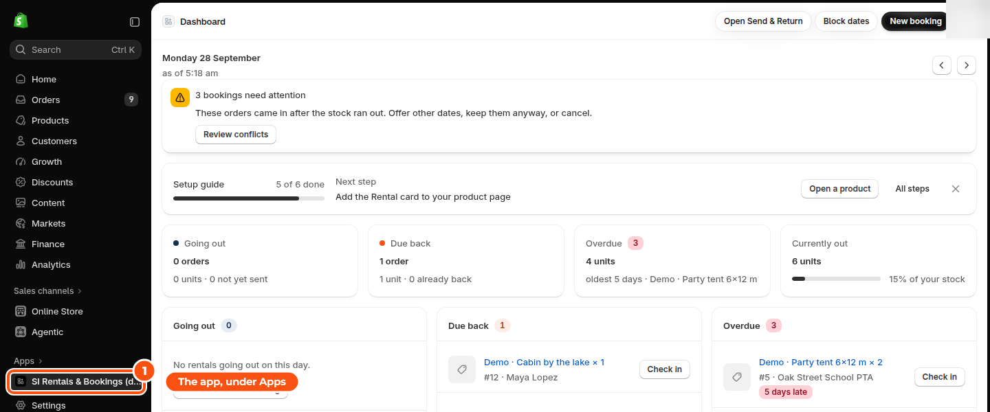 The Rentals and Bookings dashboard inside the Shopify admin, with the app marked 1 under Apps in the left-hand menu