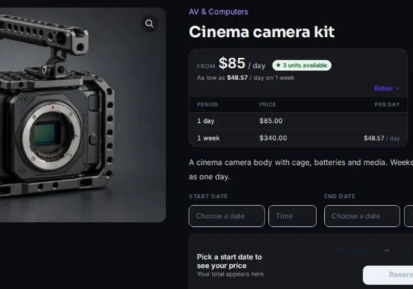 A cinema camera kit product page on the AV rental demo, with daily and weekly rates and units available
