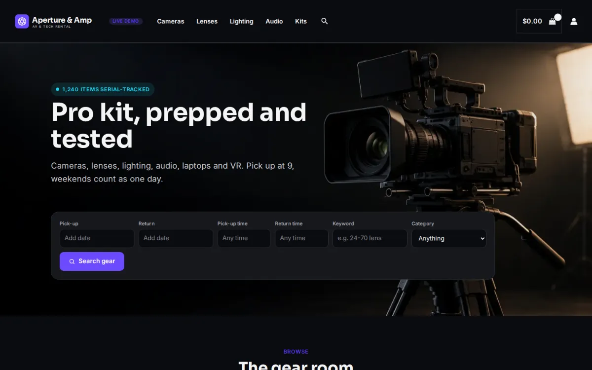 AV rental software on the live demo: the dark Aperture & Amp homepage with a keyword and date search for cameras, lenses, lighting and audio