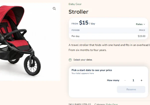 A stroller product page on the baby gear rental demo, with its day rate and a date picker