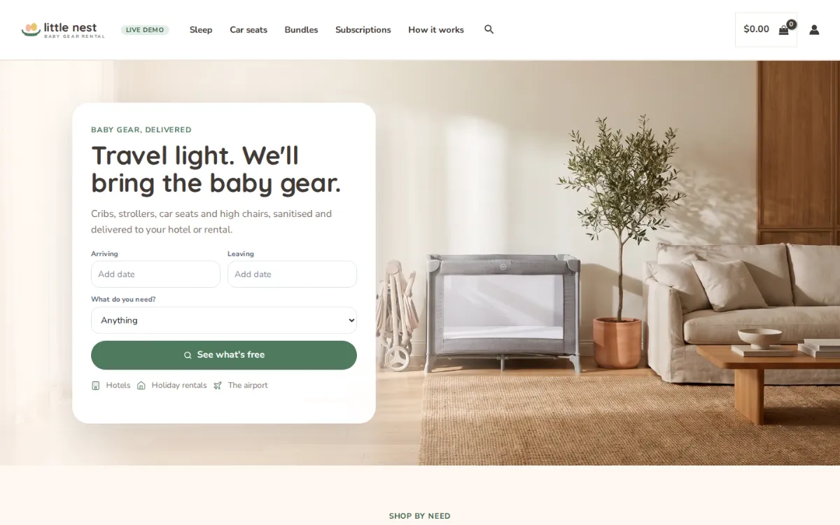 Baby equipment rental software on the live demo: the Little Nest baby gear homepage with an Arriving and Leaving date search