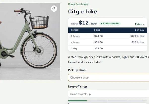 A City e-bike product page on the bike rental demo, with 2-hour, 4-hour and 1-day rates and 8 units available