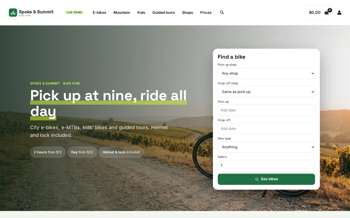 Bike rental software on the live demo: the Spoke & Summit bike hire homepage with a Find a bike search for pick-up shop, drop-off shop, dates and riders