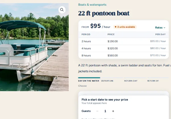 A 22 ft pontoon boat product page on the boat rental demo, with 2-hour, 4-hour and 8-hour rates