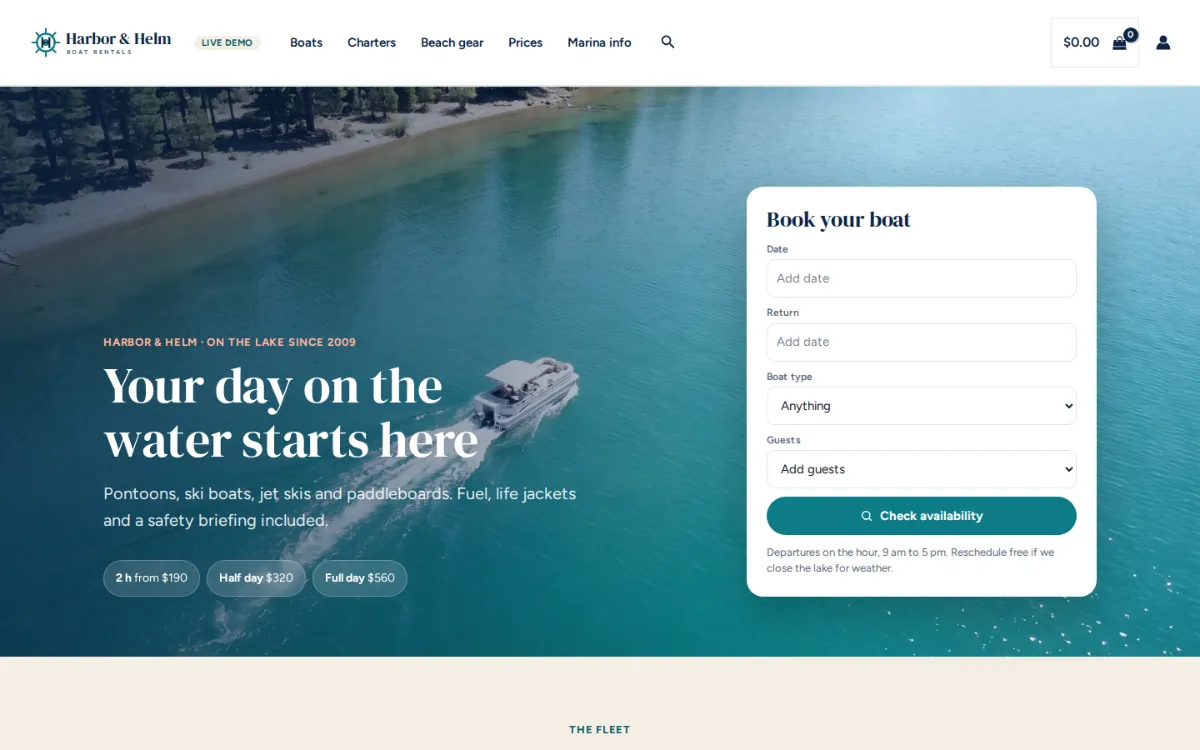 Boat rental software on the live demo: the Harbor & Helm marina homepage with a lake photo and a Book your boat search card