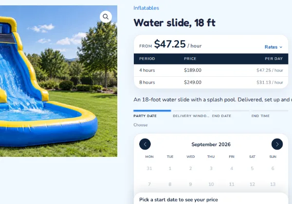 A Water slide, 18 ft product page on the bounce house rental demo, with 4-hour and 8-hour rates