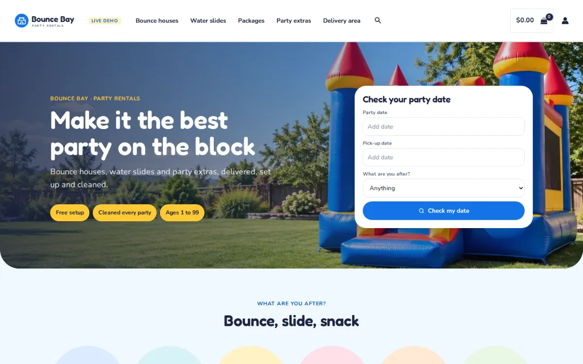 Bounce house rental software on the live demo: the Bounce Bay party rentals homepage with a Check your party date search card