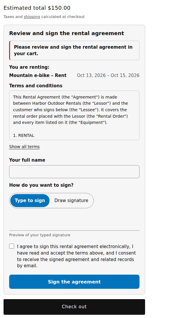 Rental agreement panel with an alert at the top saying Please review and sign the rental agreement in your cart, shown after the customer clicked Check out without signing