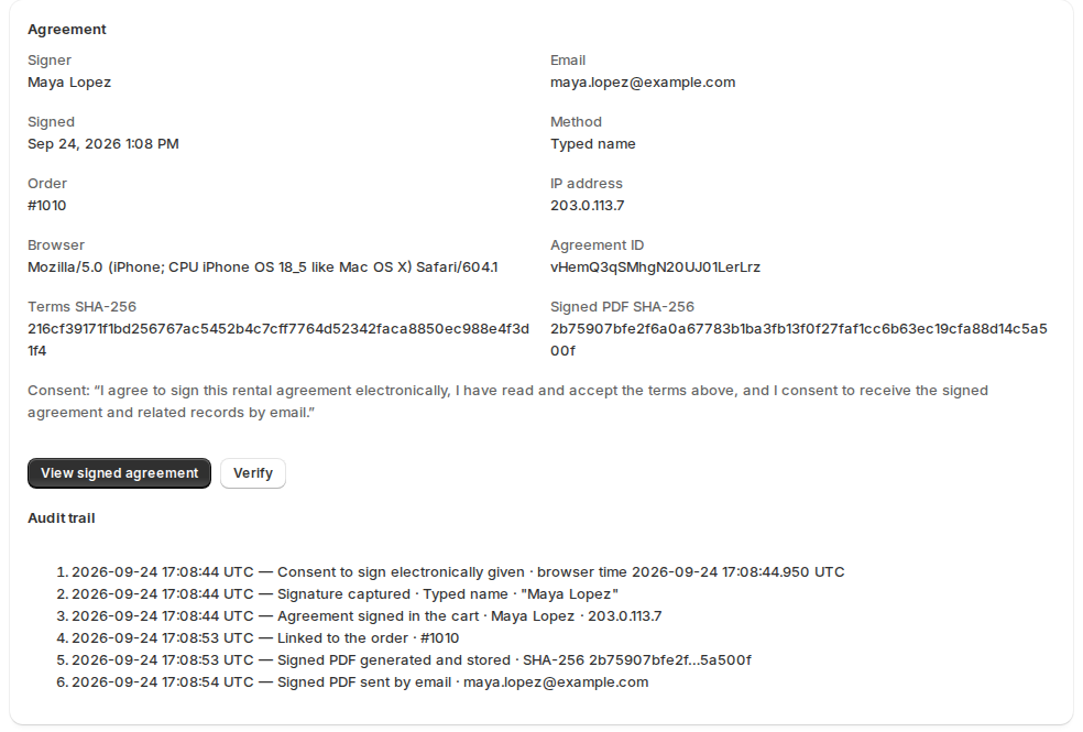 One agreement’s details: signer, signed time, method, order, the fingerprints of the terms and the signed PDF, View signed agreement and Verify buttons, and the audit trail