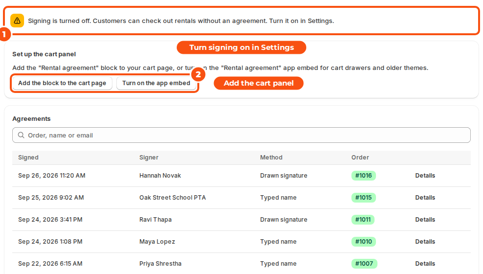 The Rental Contracts home page with the Signing is turned off banner marked 1 and the Set up the cart panel buttons marked 2, above the list of signed agreements
