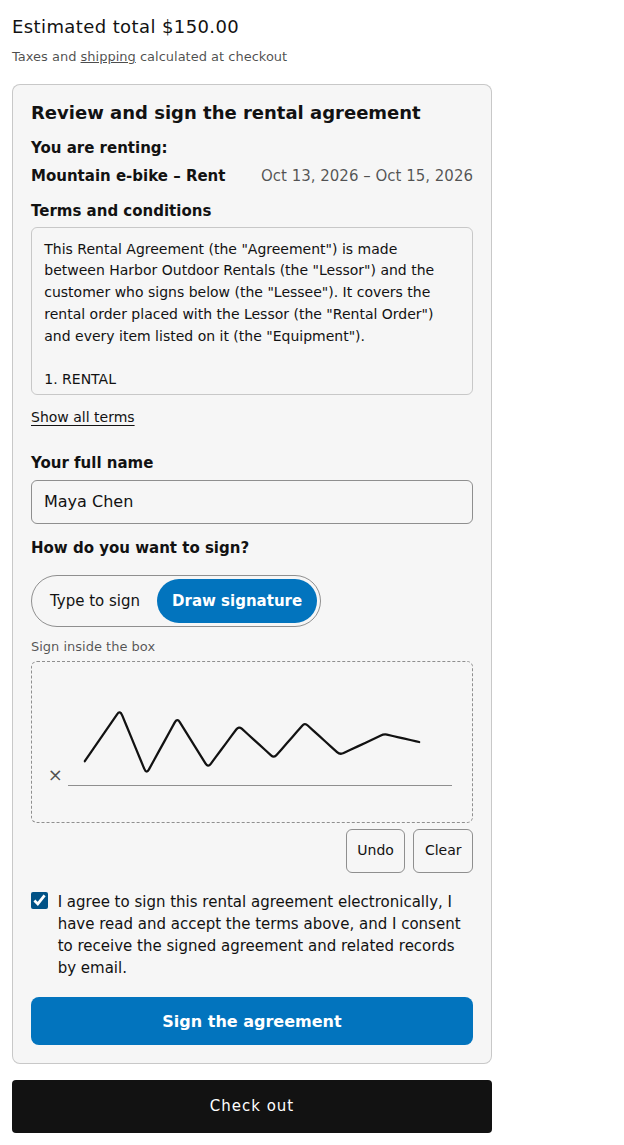 The rental agreement panel in the cart: the rental and its dates, the terms, a drawn signature and a Sign the agreement button above Check out