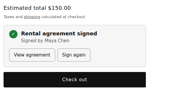 Rental agreement panel after signing, showing Rental agreement signed, Signed by Maya Chen, and the buttons View agreement and Sign again
