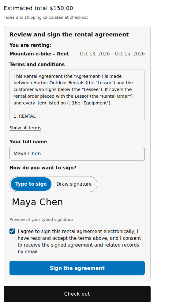 Cart page with the Review and sign the rental agreement panel: the rental being signed for, a scrolling terms box, the full name Maya Chen typed as a signature, the consent box ticked and a Sign the agreement button above Check out