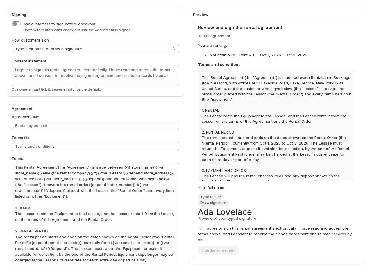 The Rental Contracts Settings page with the signing options and the agreement text on the left and a live preview of the cart panel on the right